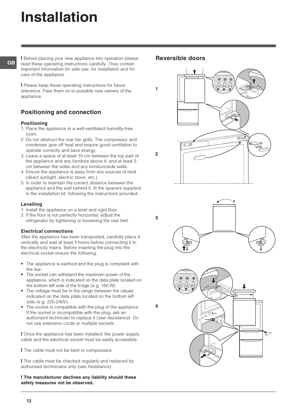 Installation, Positioning and connection, Reversible doors | Indesit 3D AA NX User Manual | Page 12 / 60