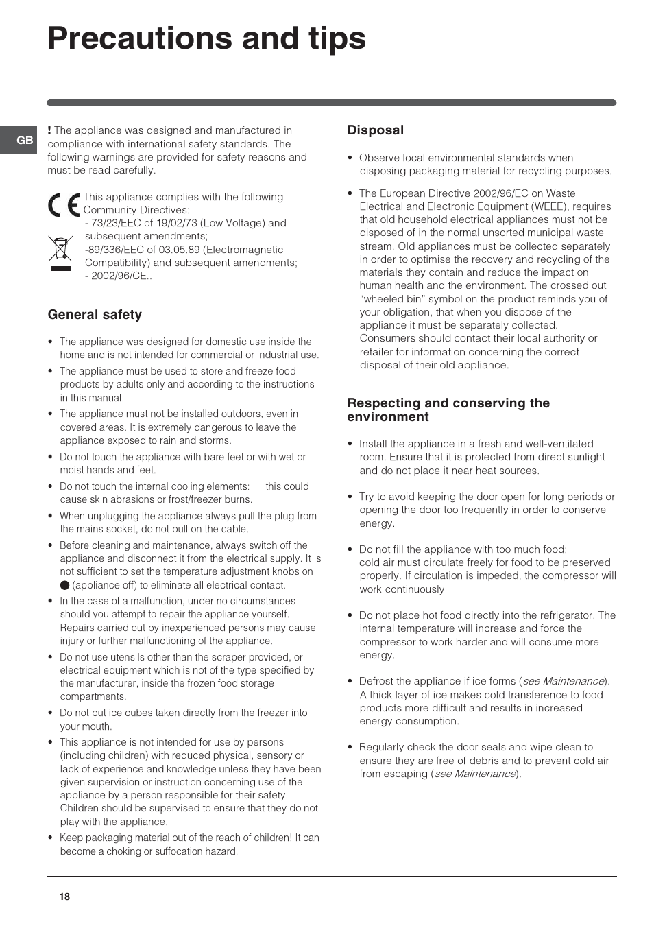Precautions and tips, Disposal, Respecting and conserving the environment | General safety | Indesit 3D AA NX User Manual | Page 18 / 60