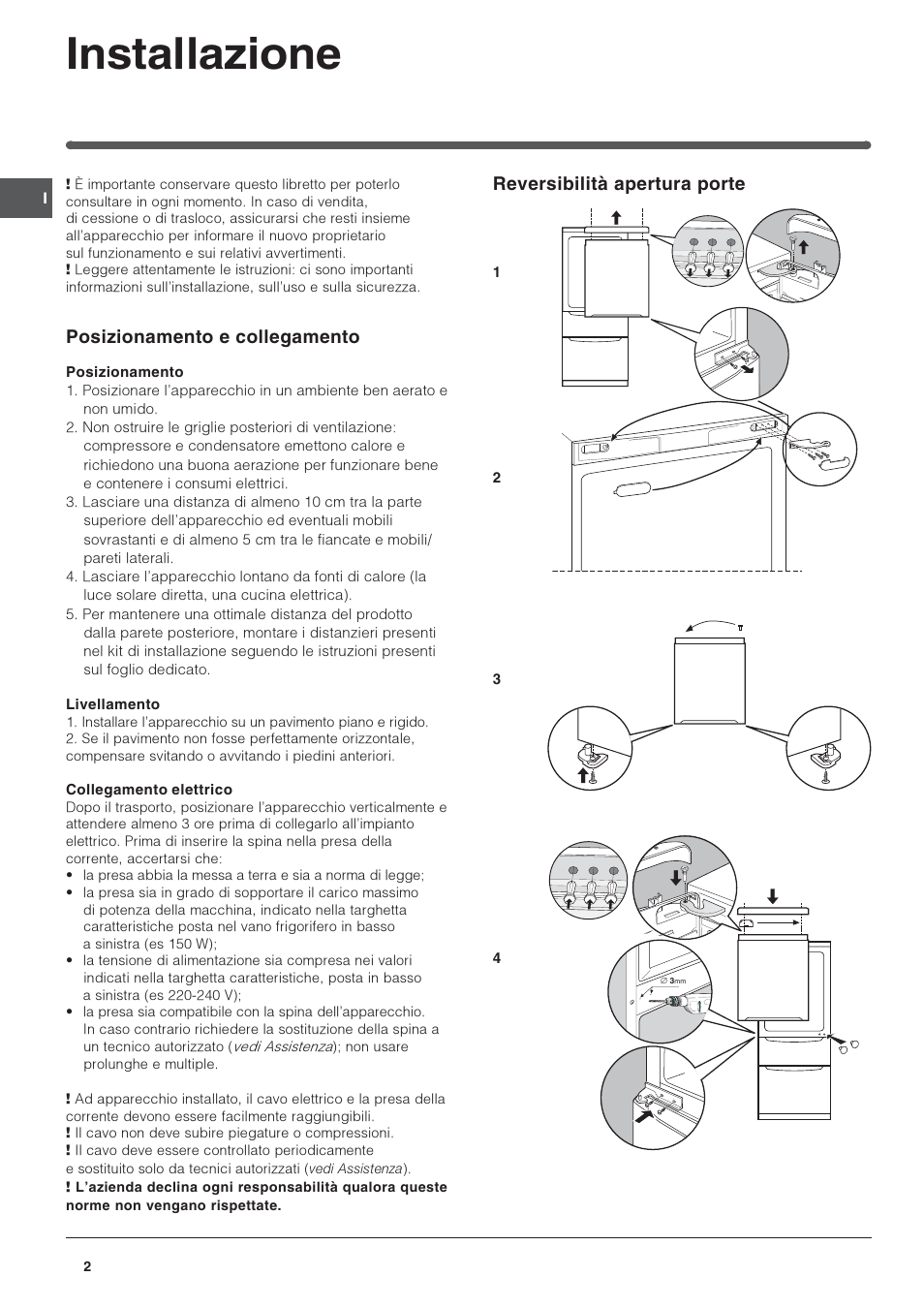 Installazione, Reversibilità apertura porte, Posizionamento e collegamento | Indesit 3D AA NX User Manual | Page 2 / 60