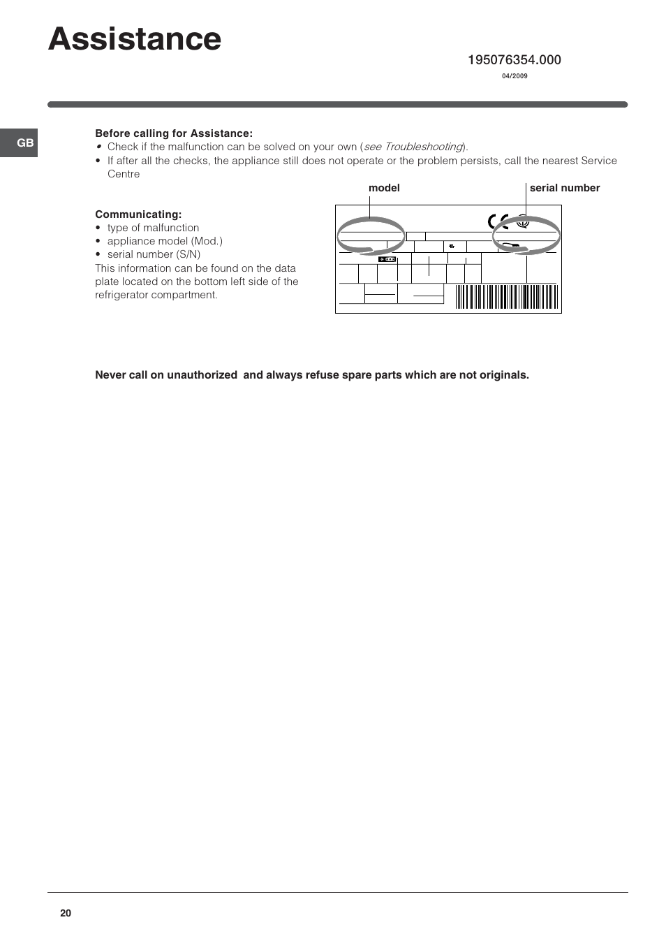 Assistance, Model serial number | Indesit 3D AA NX User Manual | Page 20 / 60