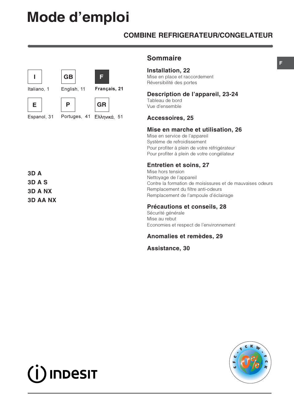 Mode demploi, Combine refrigerateur/congelateur sommaire | Indesit 3D AA NX User Manual | Page 21 / 60