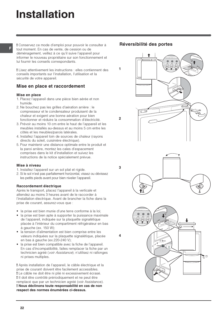 Installation, Réversibilité des portes, Mise en place et raccordement | Indesit 3D AA NX User Manual | Page 22 / 60