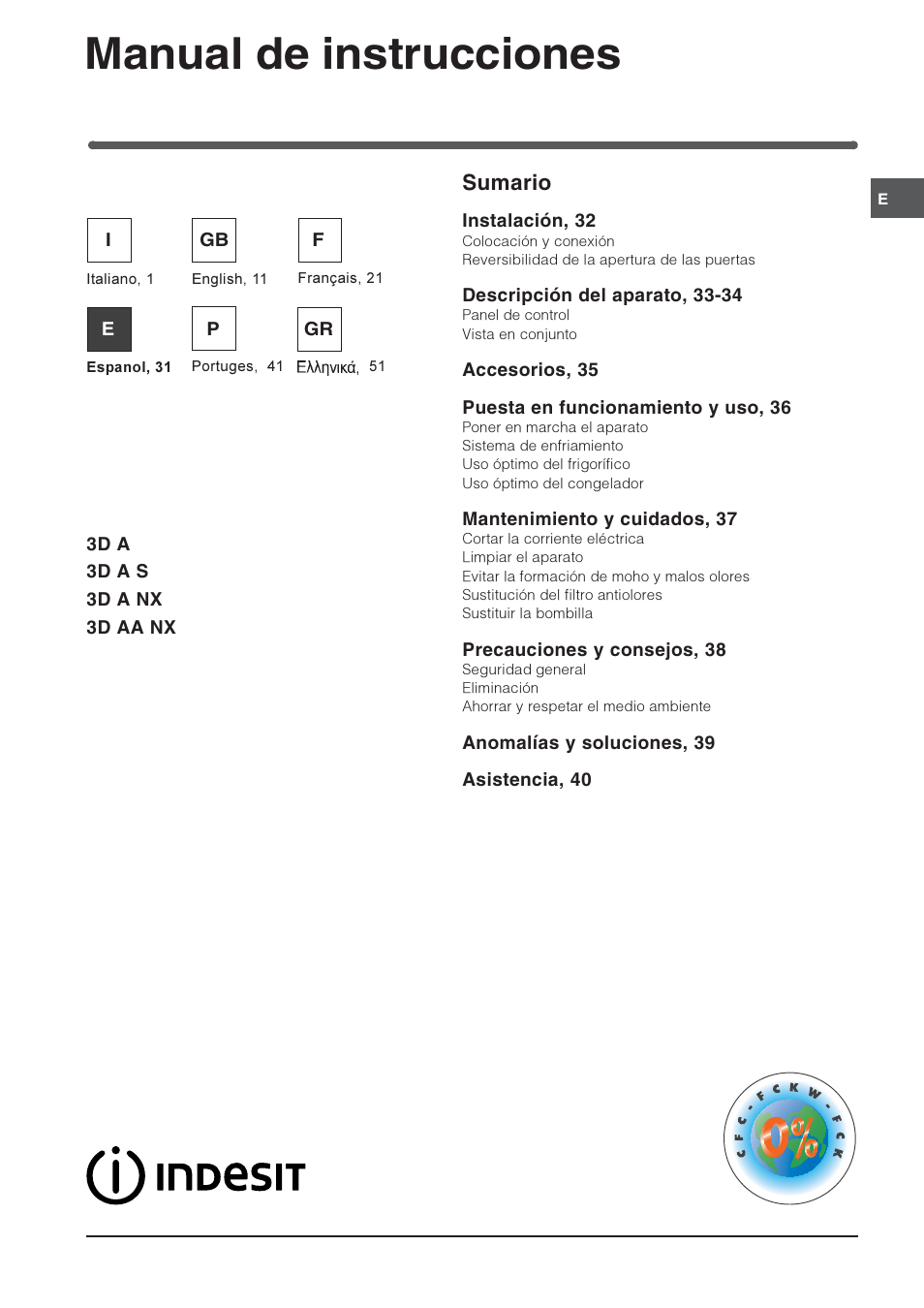 Manual de instrucciones, Combinado refrigerador/congelador sumario | Indesit 3D AA NX User Manual | Page 31 / 60