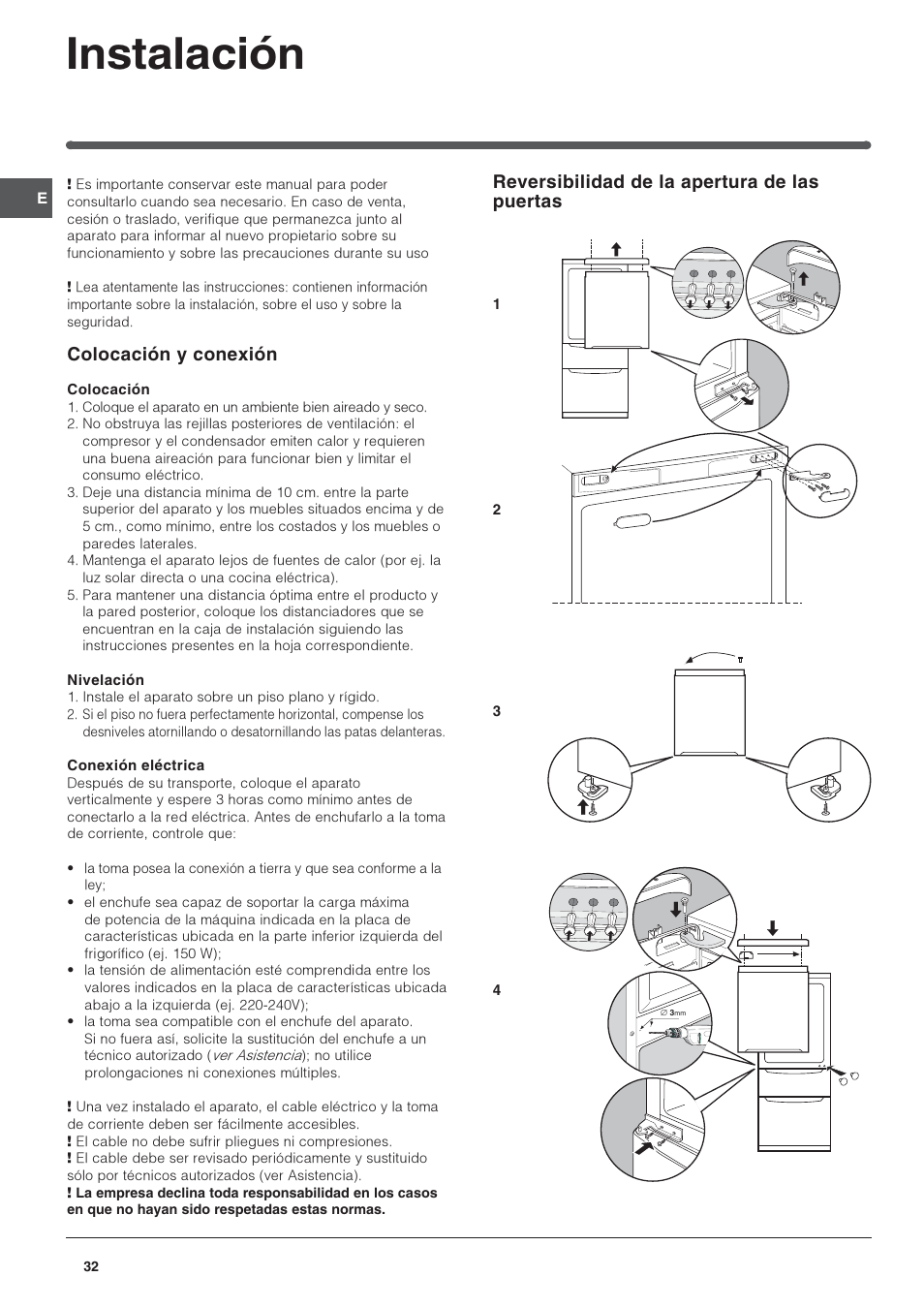 Instalación, Reversibilidad de la apertura de las puertas, Colocación y conexión | Indesit 3D AA NX User Manual | Page 32 / 60