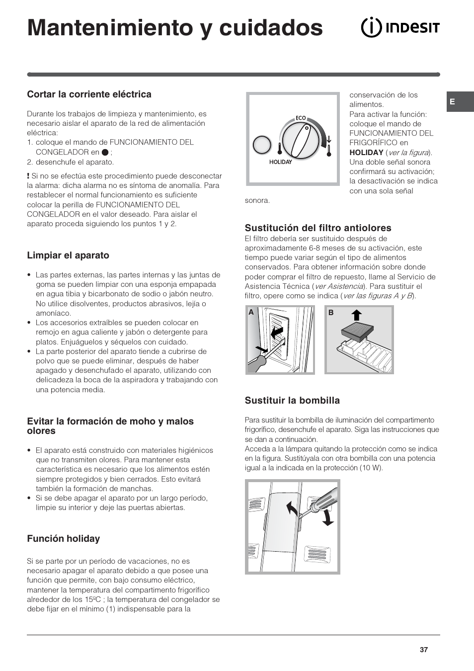Mantenimiento y cuidados | Indesit 3D AA NX User Manual | Page 37 / 60