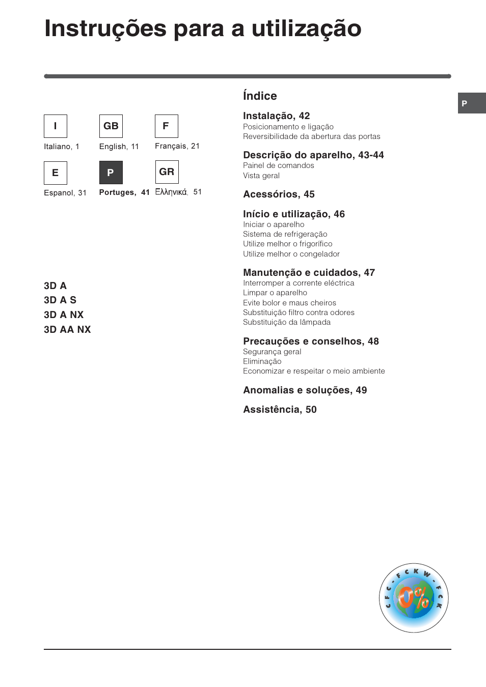 Instruções para a utilização, Combinado frigorífico/congelador índice | Indesit 3D AA NX User Manual | Page 41 / 60