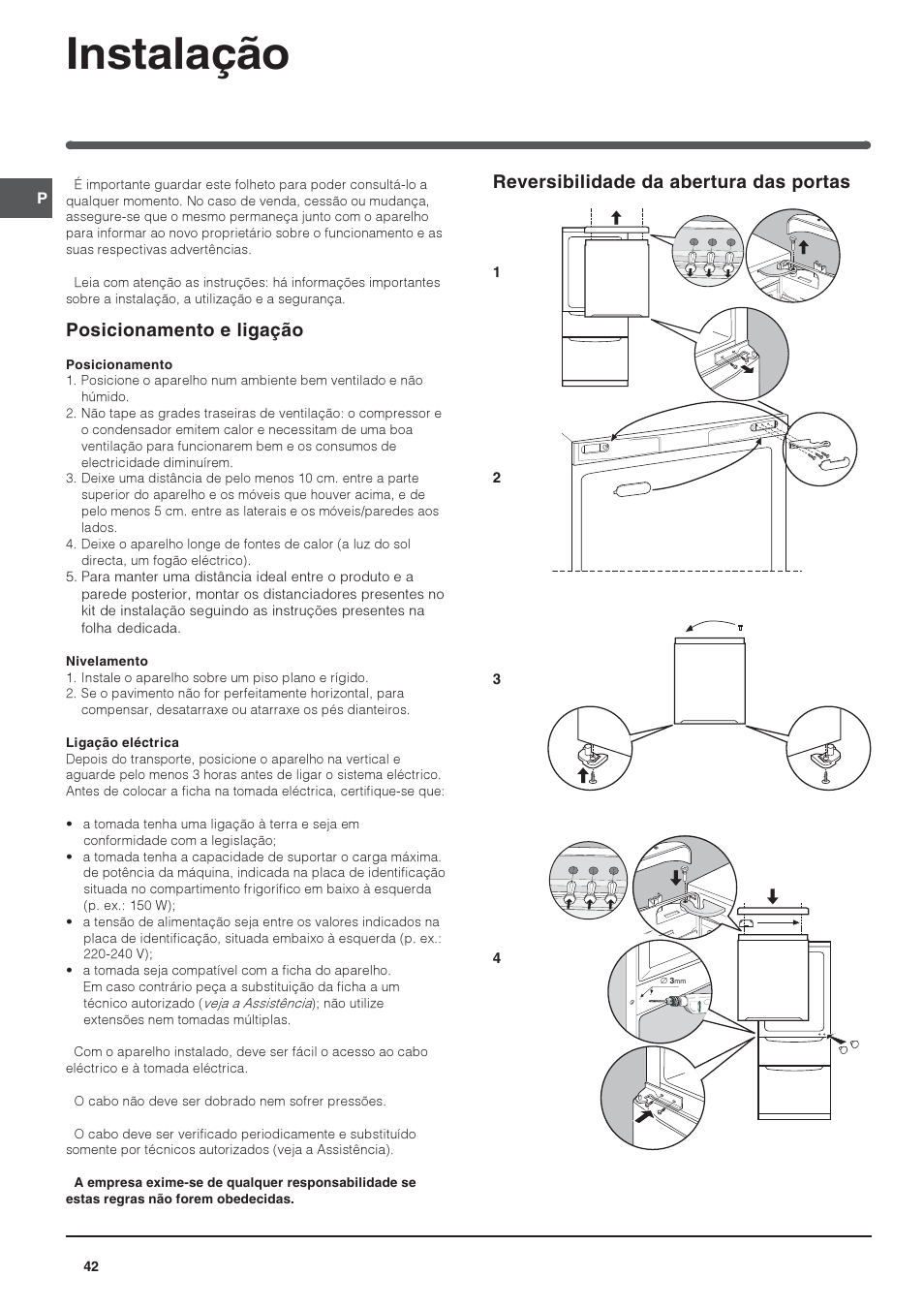 Instalação, Posicionamento e ligação, Reversibilidade da abertura das portas | Indesit 3D AA NX User Manual | Page 42 / 60