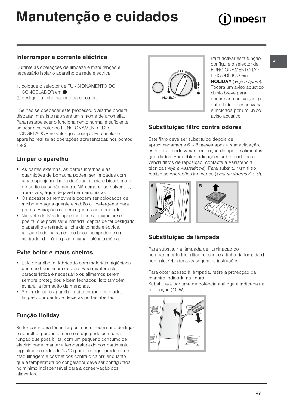 Manutenção e cuidados | Indesit 3D AA NX User Manual | Page 47 / 60