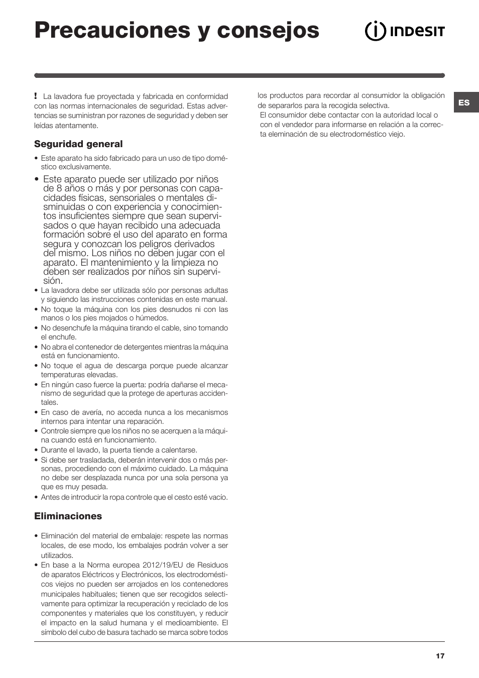 Precauciones y consejos | Indesit IWC-61051-EU User Manual | Page 17 / 72
