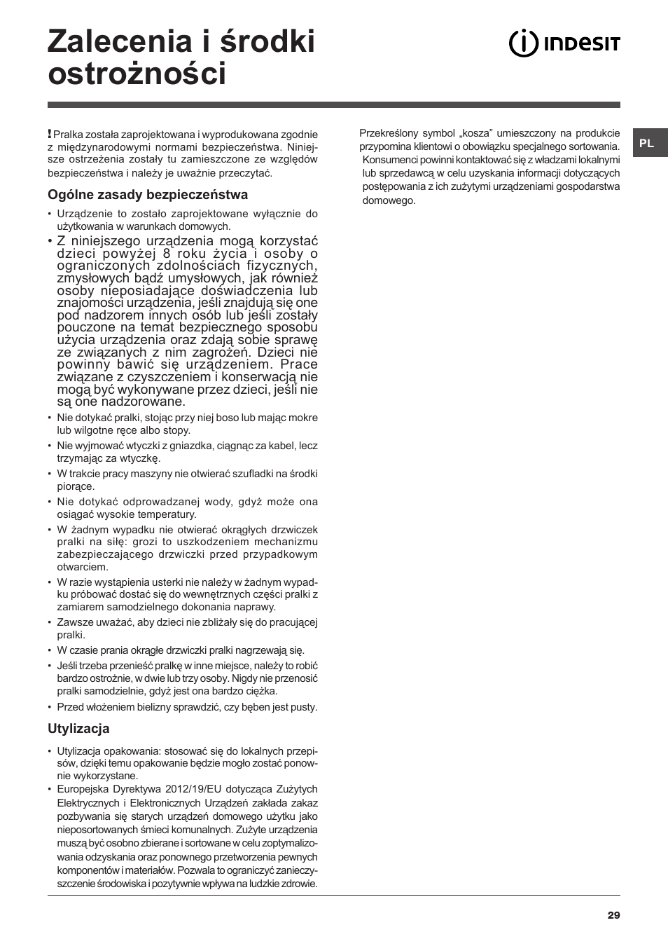 Zalecenia i środki ostrożności | Indesit IWC-61051-EU User Manual | Page 29 / 72