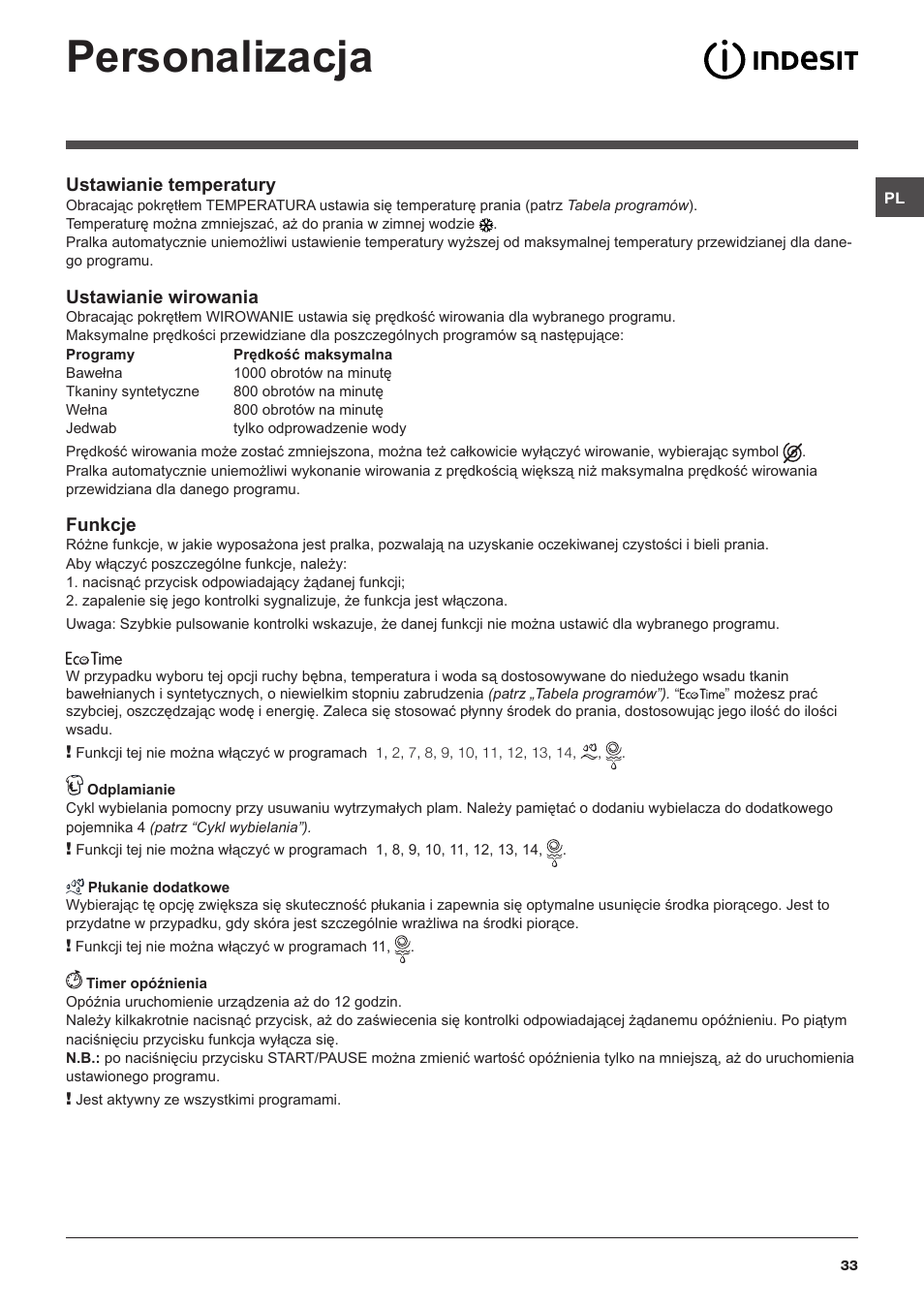 Personalizacja | Indesit IWC-61051-EU User Manual | Page 33 / 72
