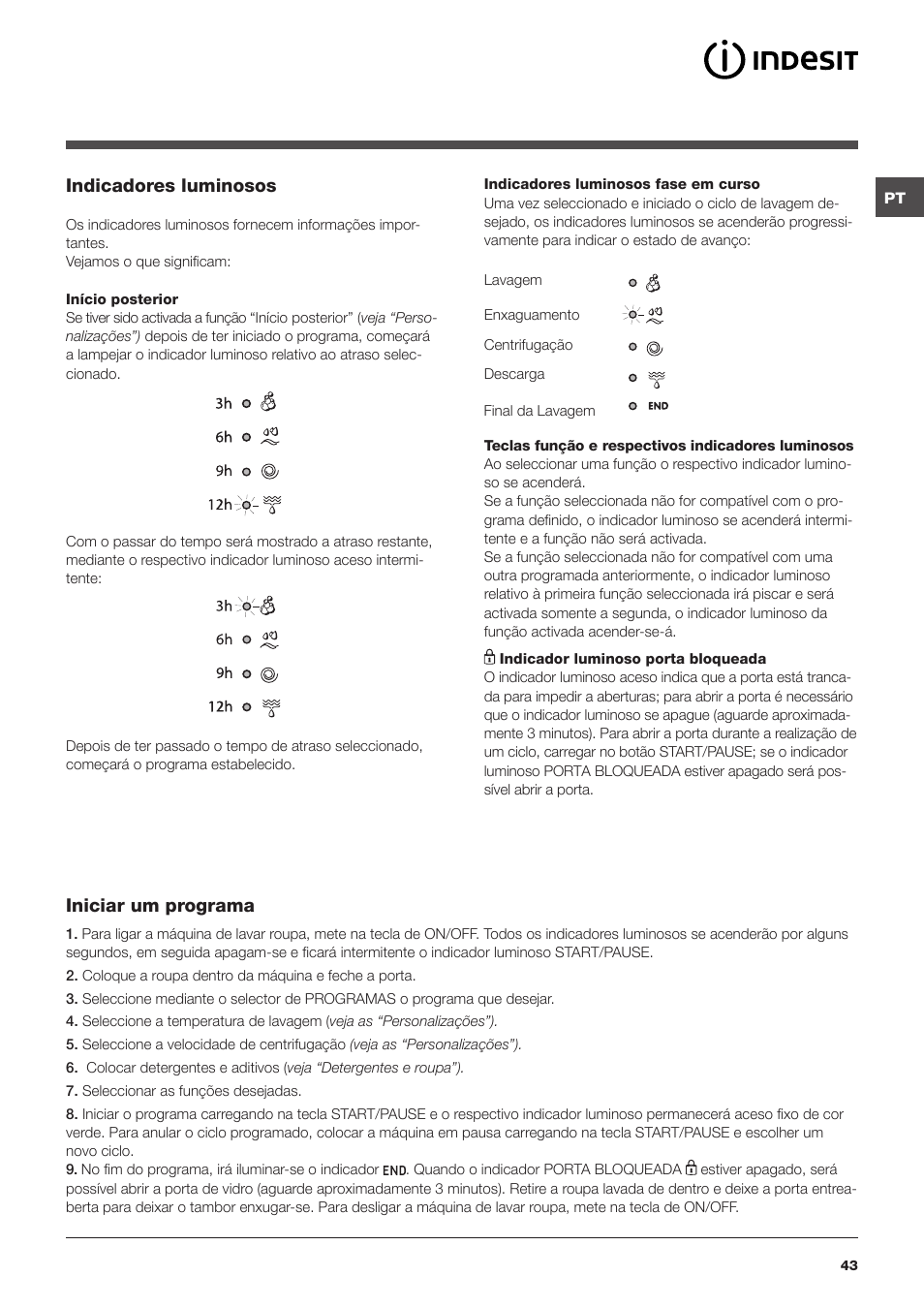 Indicadores luminosos, Iniciar um programa | Indesit IWC-61051-EU User Manual | Page 43 / 72