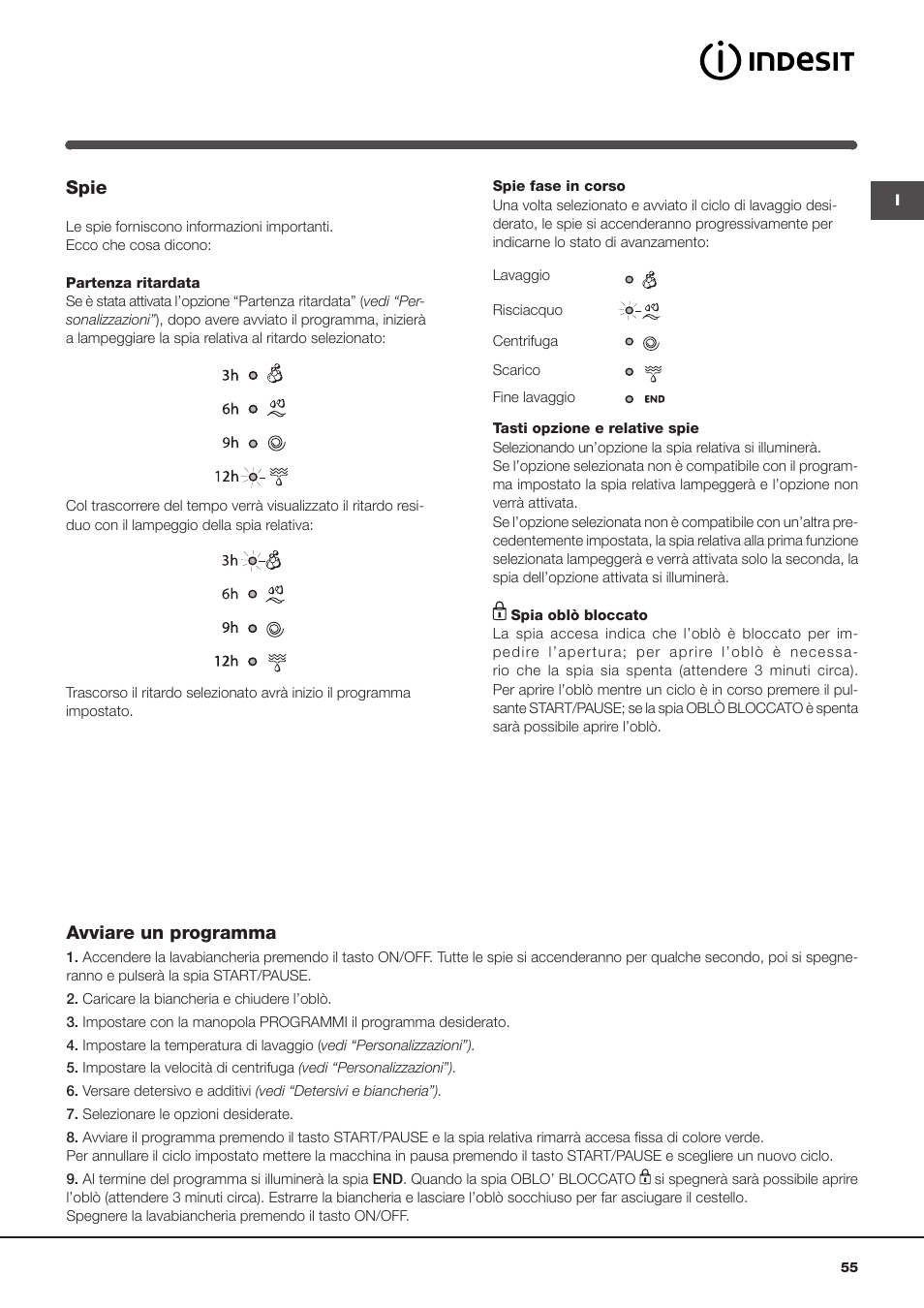 Spie, Avviare un programma | Indesit IWC-61051-EU User Manual | Page 55 / 72