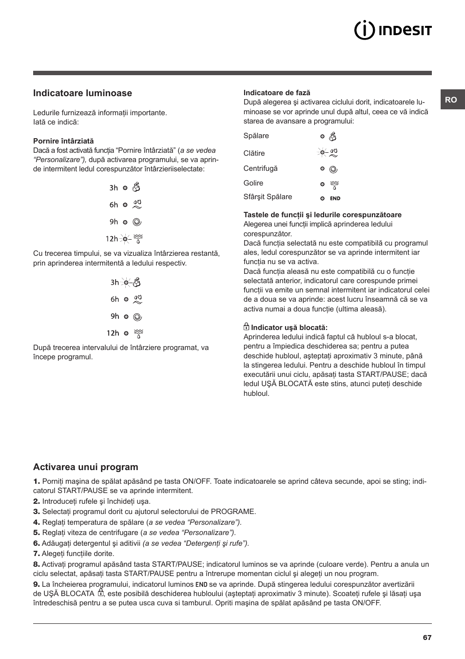 Indicatoare luminoase, Activarea unui program | Indesit IWC-61051-EU User Manual | Page 67 / 72