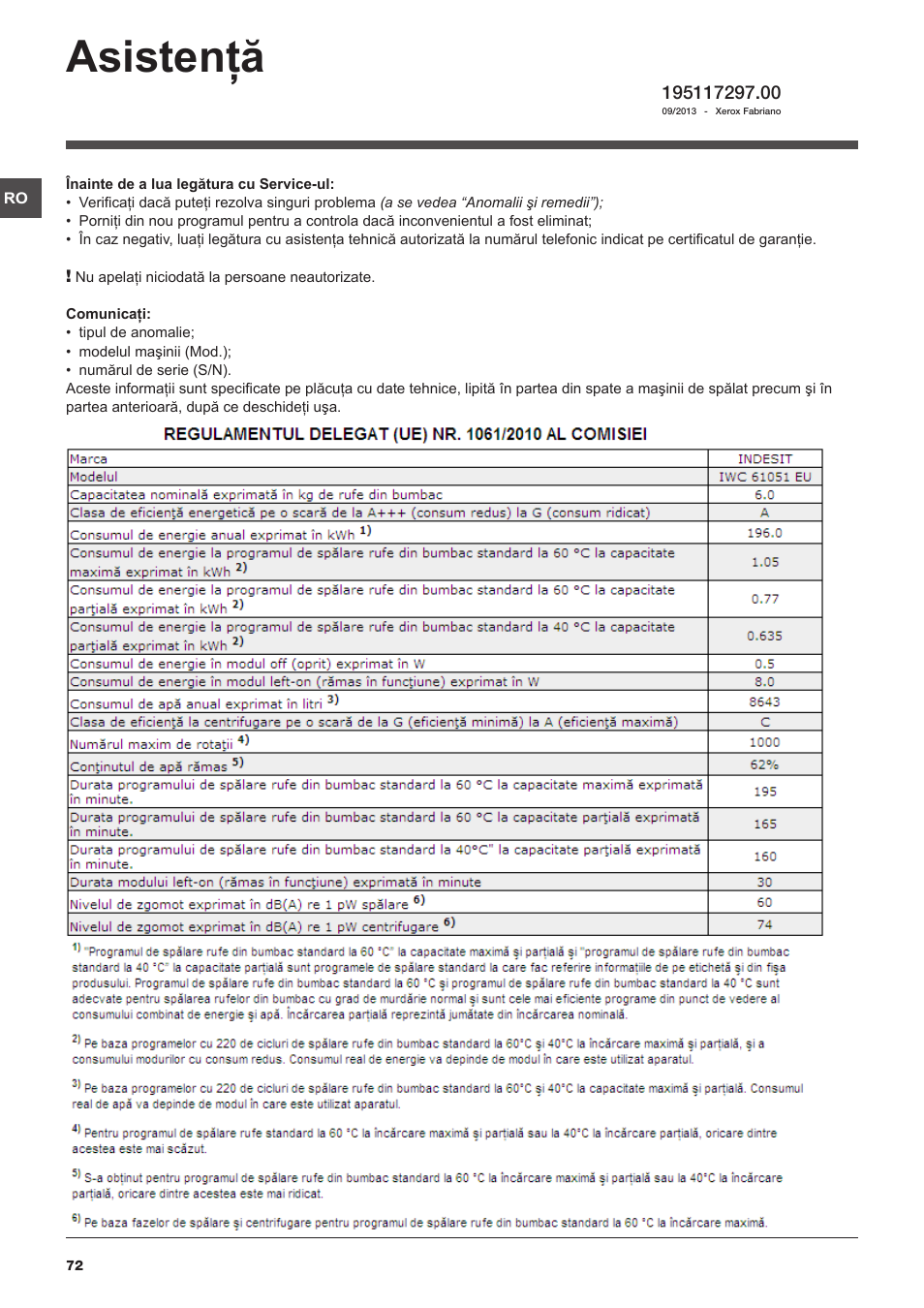 Asistenţă | Indesit IWC-61051-EU User Manual | Page 72 / 72