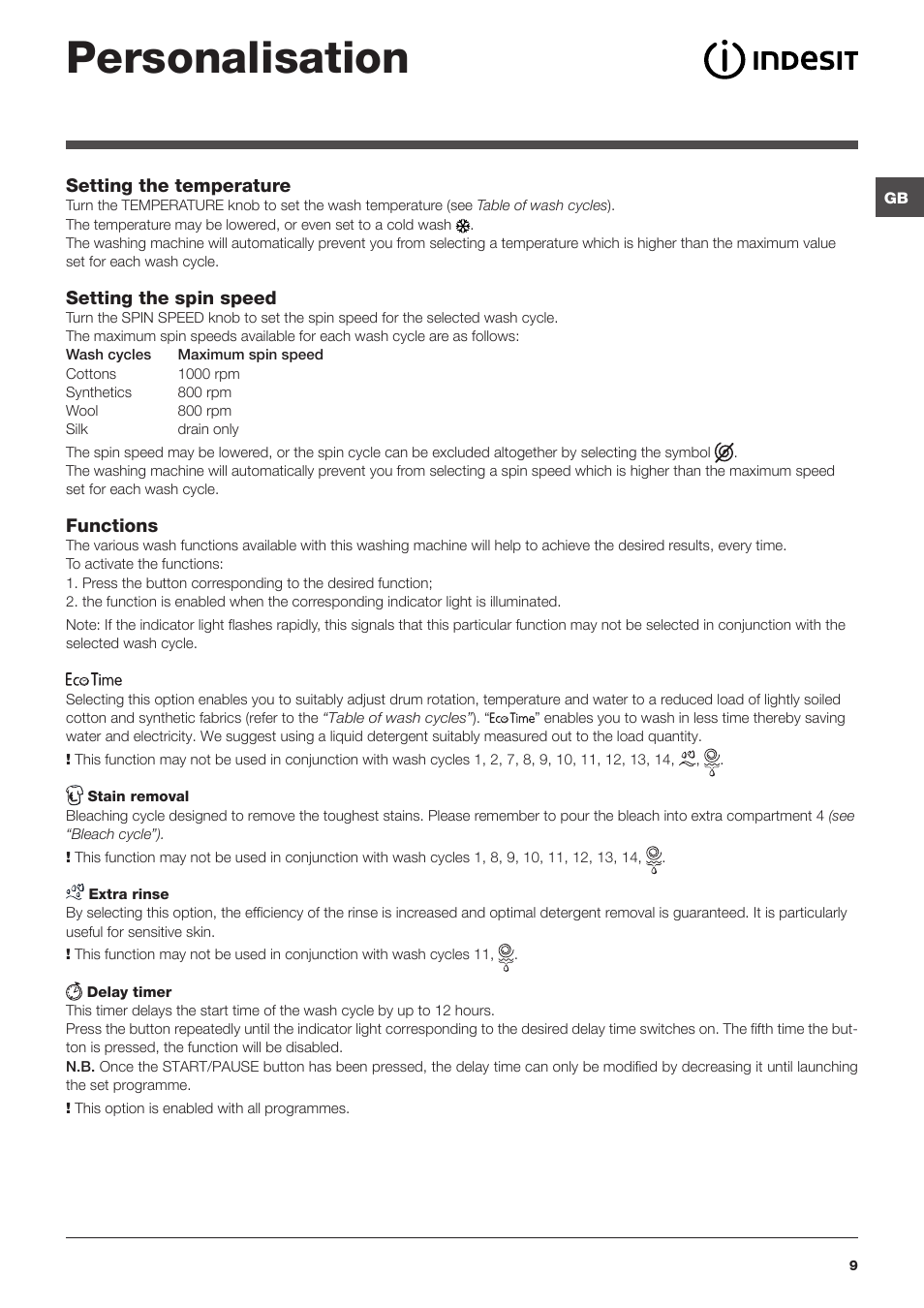 Personalisation | Indesit IWC-61051-EU User Manual | Page 9 / 72
