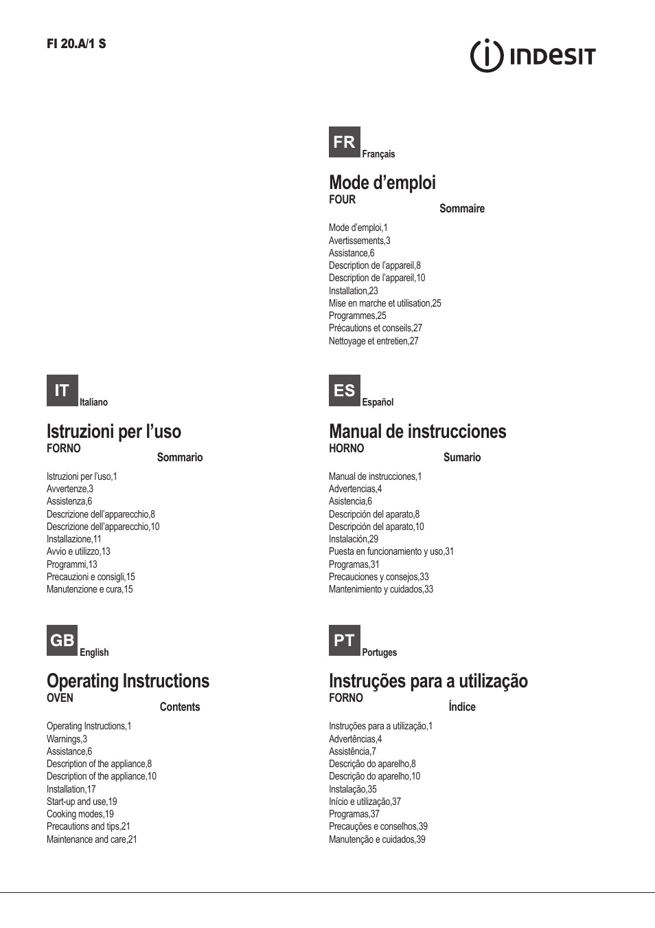 Indesit FI-20.A-(WH)-1-S User Manual | 52 pages