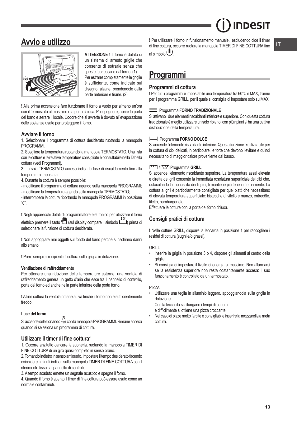 Avvio e utilizzo, Programmi, Avviare il forno | Utilizzare il timer di fine cottura, Programmi di cottura, Consigli pratici di cottura | Indesit FI-20.A-(WH)-1-S User Manual | Page 13 / 52