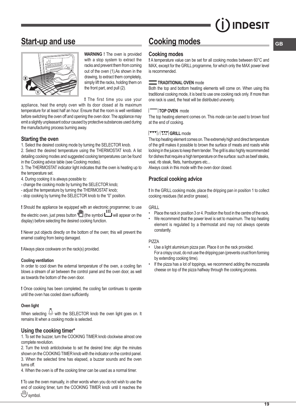 Start-up and use, Cooking modes, Starting the oven | Using the cooking timer, Practical cooking advice | Indesit FI-20.A-(WH)-1-S User Manual | Page 19 / 52