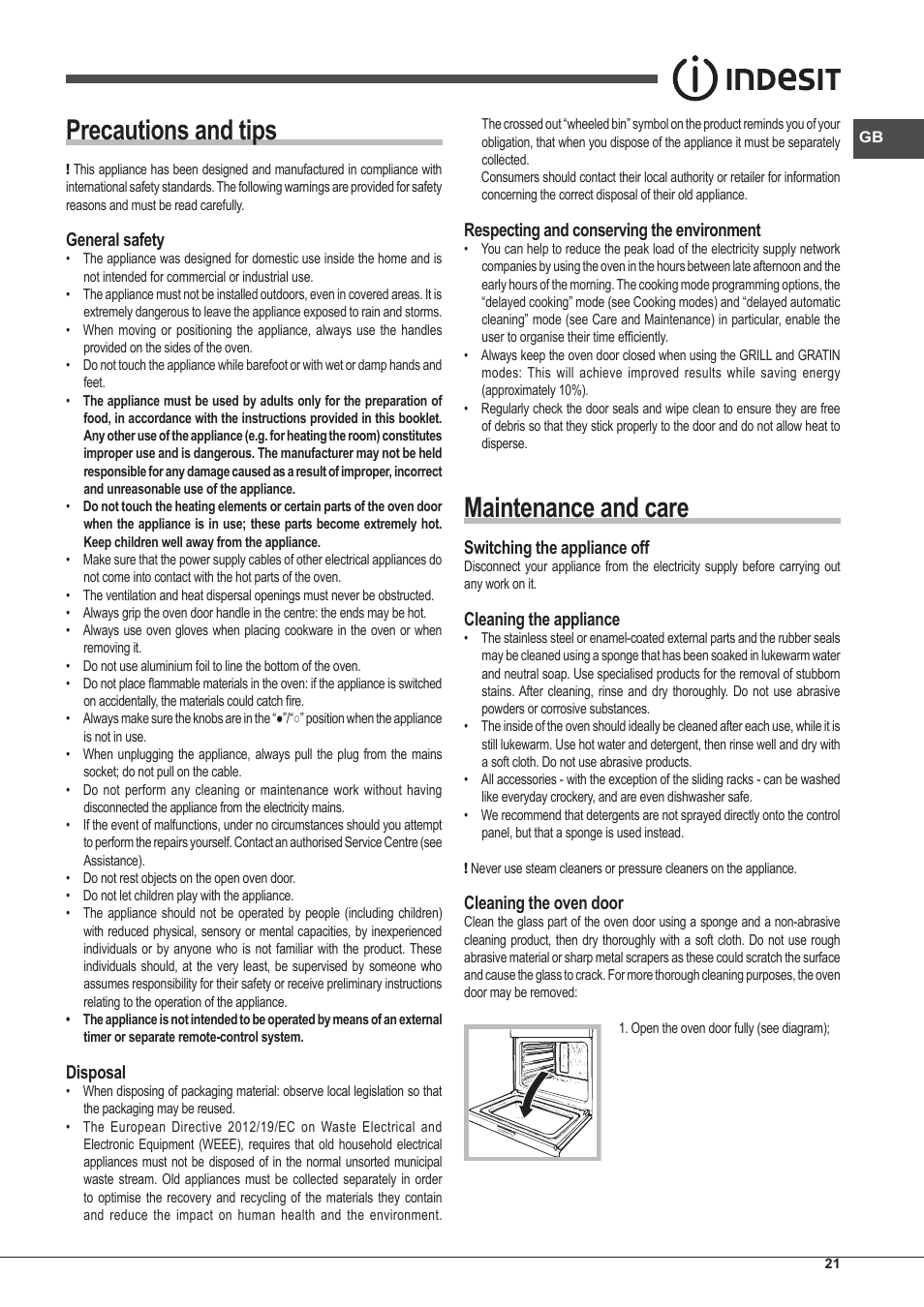 Precautions and tips, Maintenance and care, General safety | Disposal, Respecting and conserving the environment, Switching the appliance off, Cleaning the appliance, Cleaning the oven door | Indesit FI-20.A-(WH)-1-S User Manual | Page 21 / 52