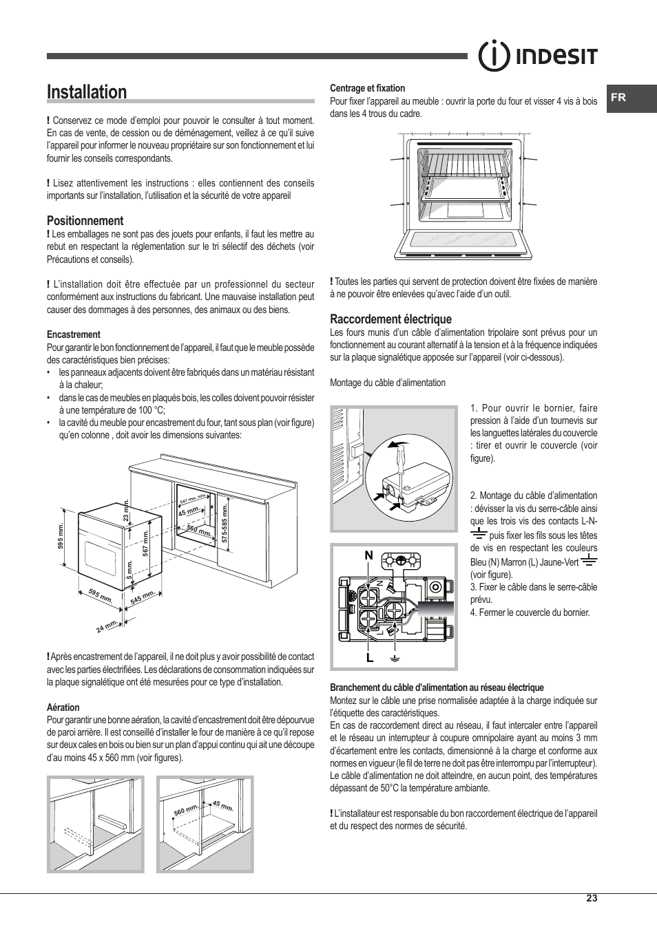 Installation, Positionnement, Raccordement électrique | Indesit FI-20.A-(WH)-1-S User Manual | Page 23 / 52