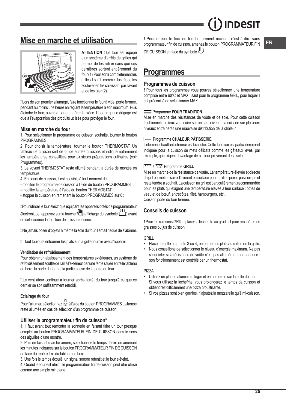 Mise en marche et utilisation, Programmes, Mise en marche du four | Utiliser le programmateur fin de cuisson, Programmes de cuisson, Conseils de cuisson | Indesit FI-20.A-(WH)-1-S User Manual | Page 25 / 52