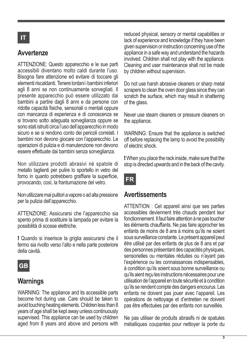 Avvertenze, Warnings, Avertissements | Indesit FI-20.A-(WH)-1-S User Manual | Page 3 / 52