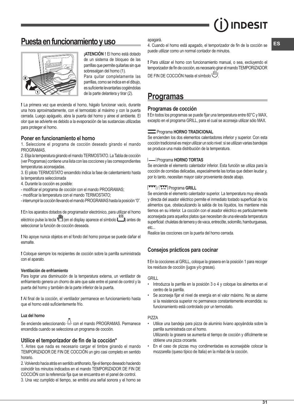 Puesta en funcionamiento y uso, Programas, Poner en funcionamiento el horno | Utilice el temporizador de fin de la cocción, Programas de cocción, Consejos prácticos para cocinar | Indesit FI-20.A-(WH)-1-S User Manual | Page 31 / 52