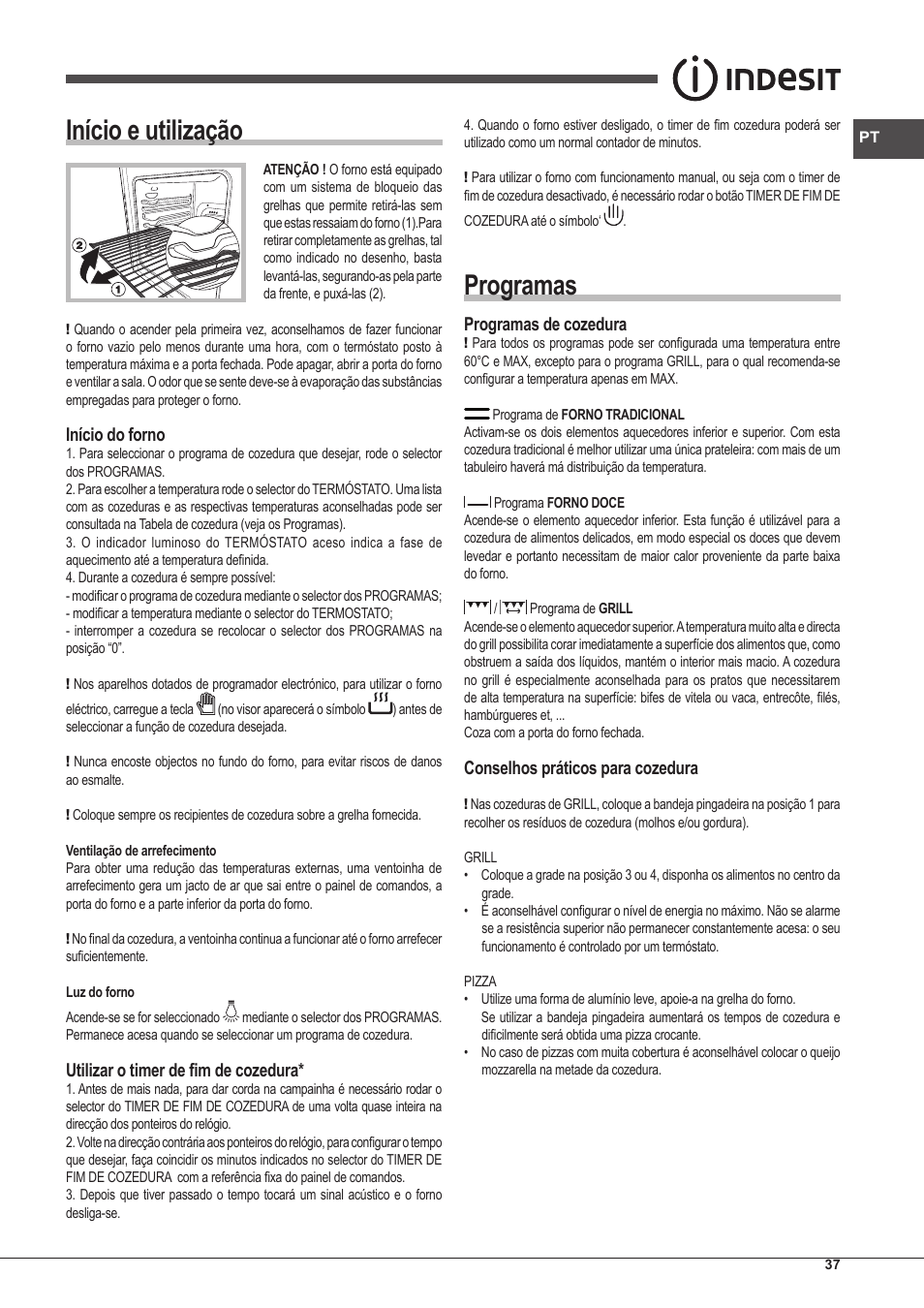 Início e utilização, Programas, Início do forno | Utilizar o timer de fim de cozedura, Programas de cozedura, Conselhos práticos para cozedura | Indesit FI-20.A-(WH)-1-S User Manual | Page 37 / 52