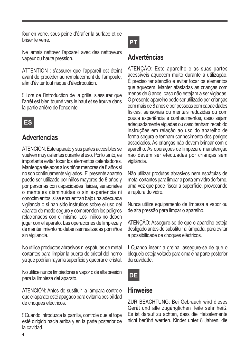 Advertencias, Advertências, Hinweise | Indesit FI-20.A-(WH)-1-S User Manual | Page 4 / 52