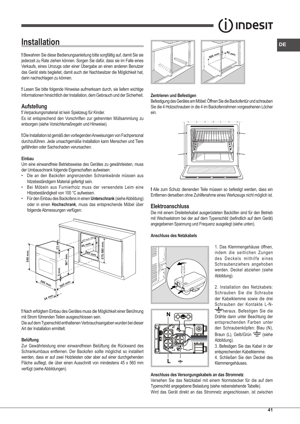 Installation, Aufstellung, Elektroanschluss | Indesit FI-20.A-(WH)-1-S User Manual | Page 41 / 52