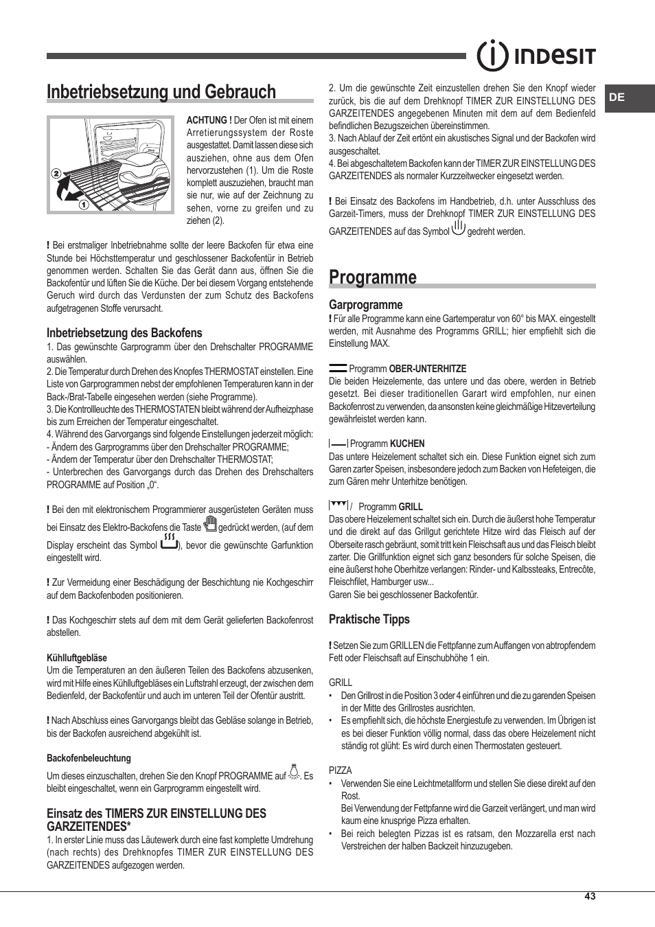 Inbetriebsetzung und gebrauch, Programme, Inbetriebsetzung des backofens | Garprogramme, Praktische tipps | Indesit FI-20.A-(WH)-1-S User Manual | Page 43 / 52