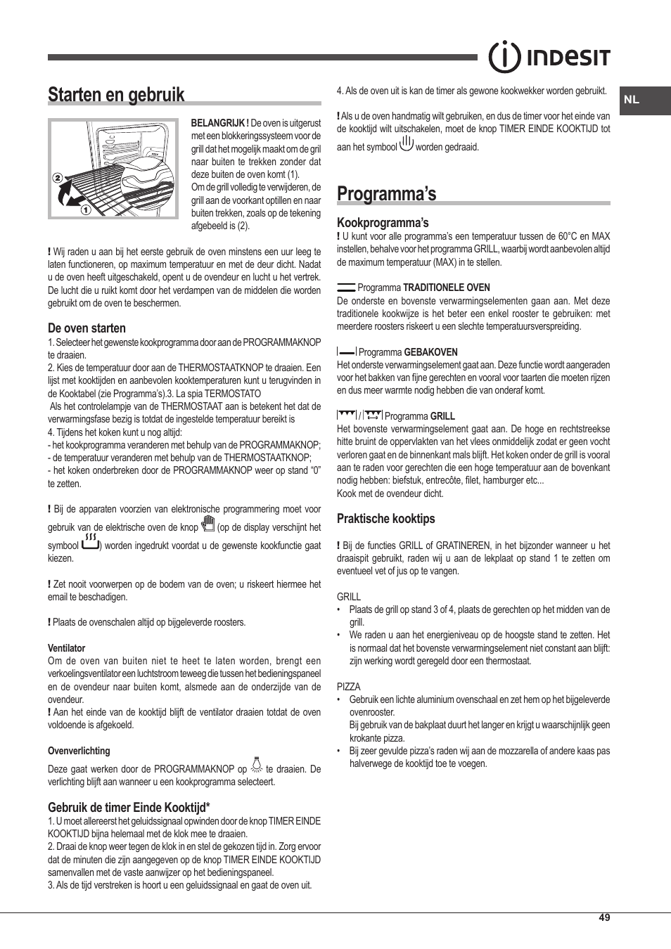 Starten en gebruik, Programma’s, De oven starten | Gebruik de timer einde kooktijd, Kookprogramma’s, Praktische kooktips | Indesit FI-20.A-(WH)-1-S User Manual | Page 49 / 52