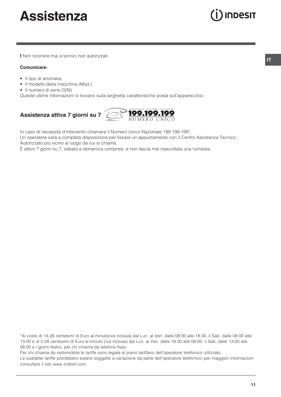 Assistenza | Indesit FI-20.A-(WH)-1-(SP) User Manual | Page 11 / 72