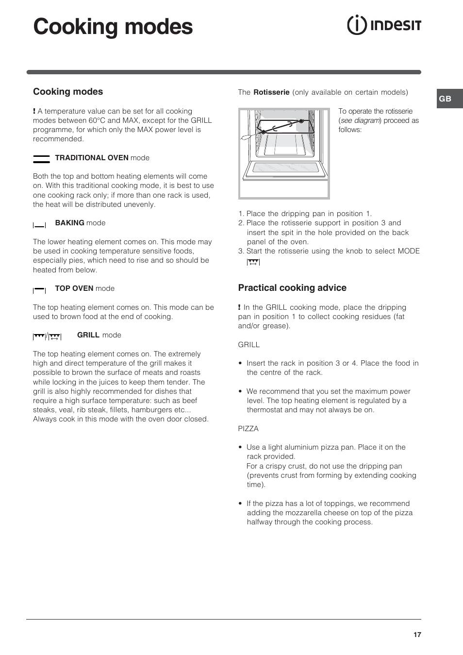 Cooking modes | Indesit FI-20.A-(WH)-1-(SP) User Manual | Page 17 / 72