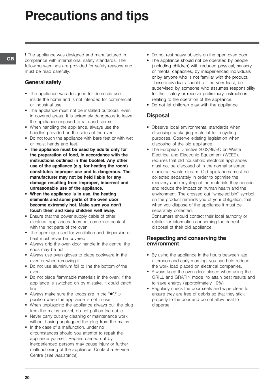 Precautions and tips | Indesit FI-20.A-(WH)-1-(SP) User Manual | Page 20 / 72