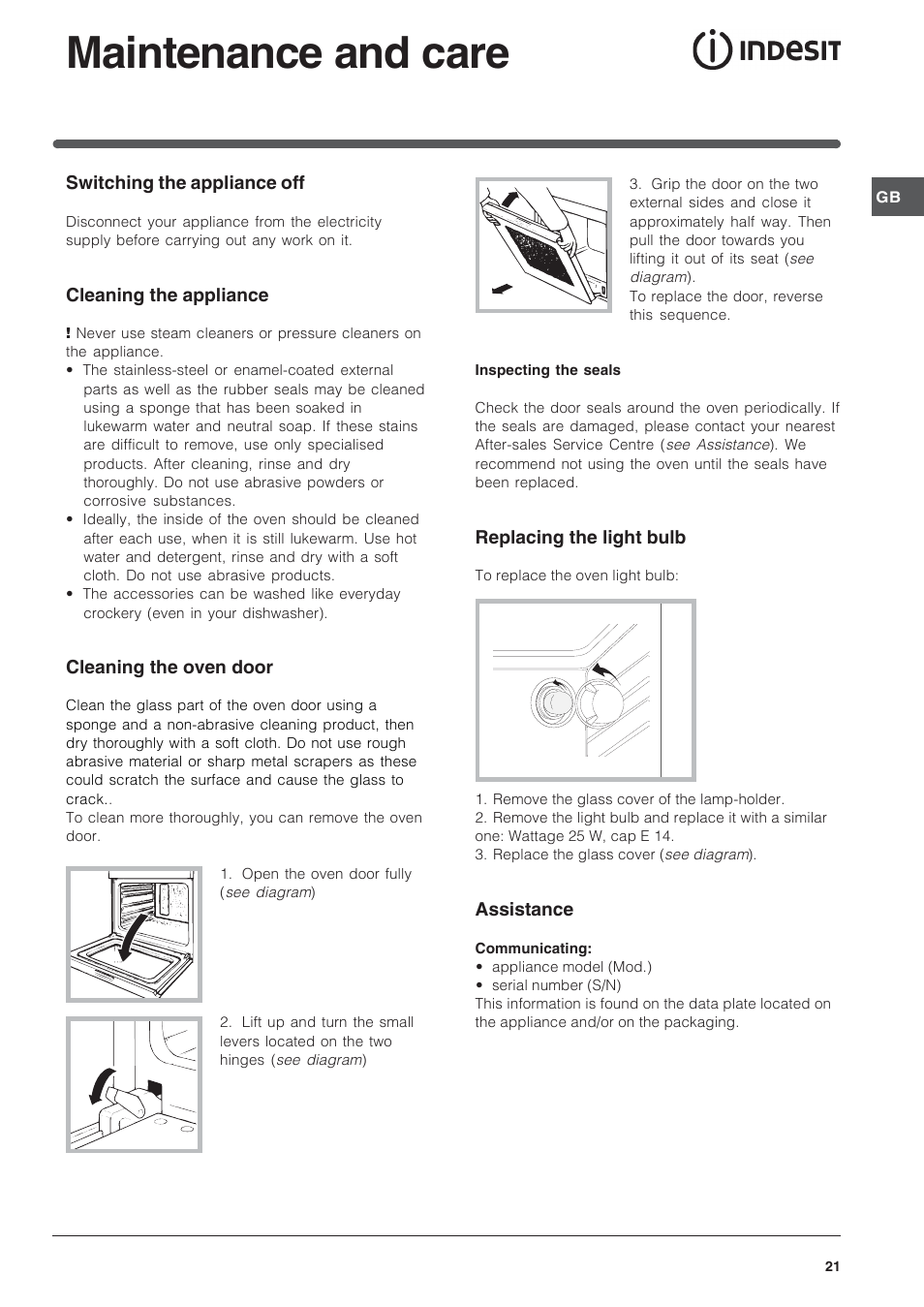 Maintenance and care | Indesit FI-20.A-(WH)-1-(SP) User Manual | Page 21 / 72