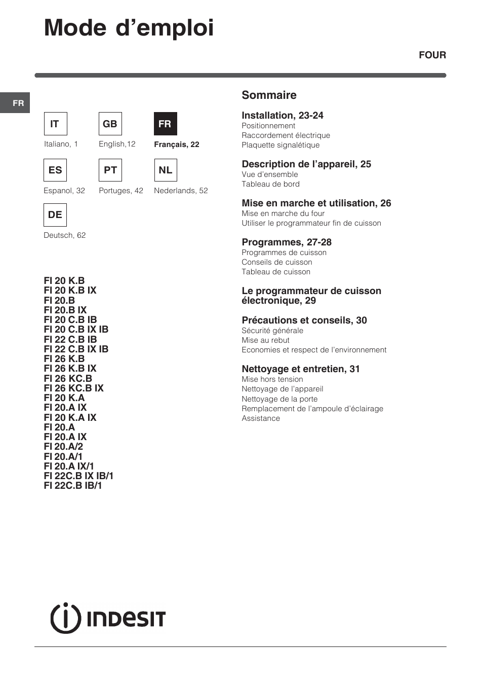 Mode d’emploi, Sommaire | Indesit FI-20.A-(WH)-1-(SP) User Manual | Page 22 / 72