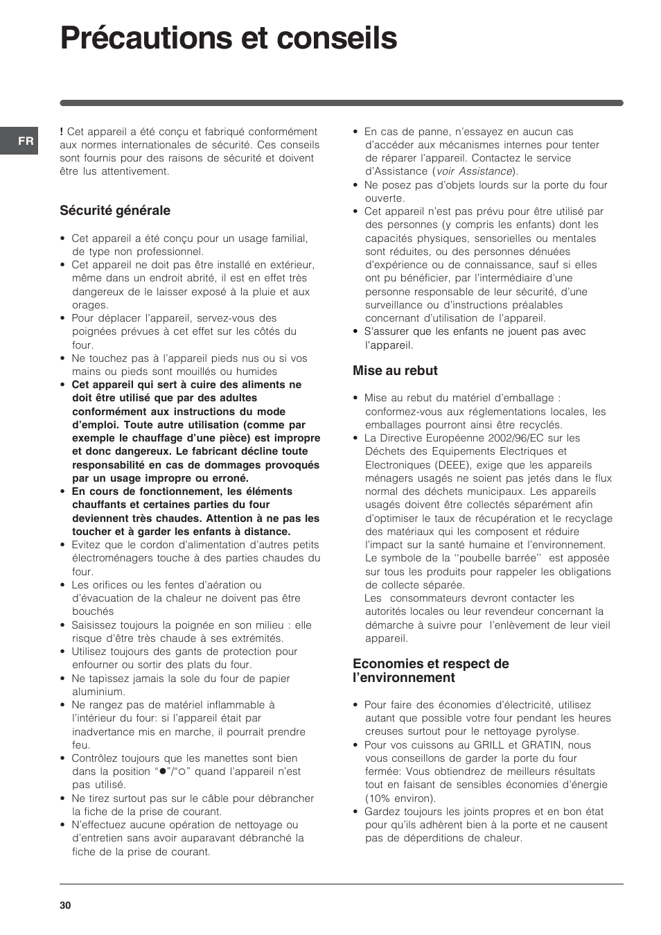 Précautions et conseils | Indesit FI-20.A-(WH)-1-(SP) User Manual | Page 30 / 72