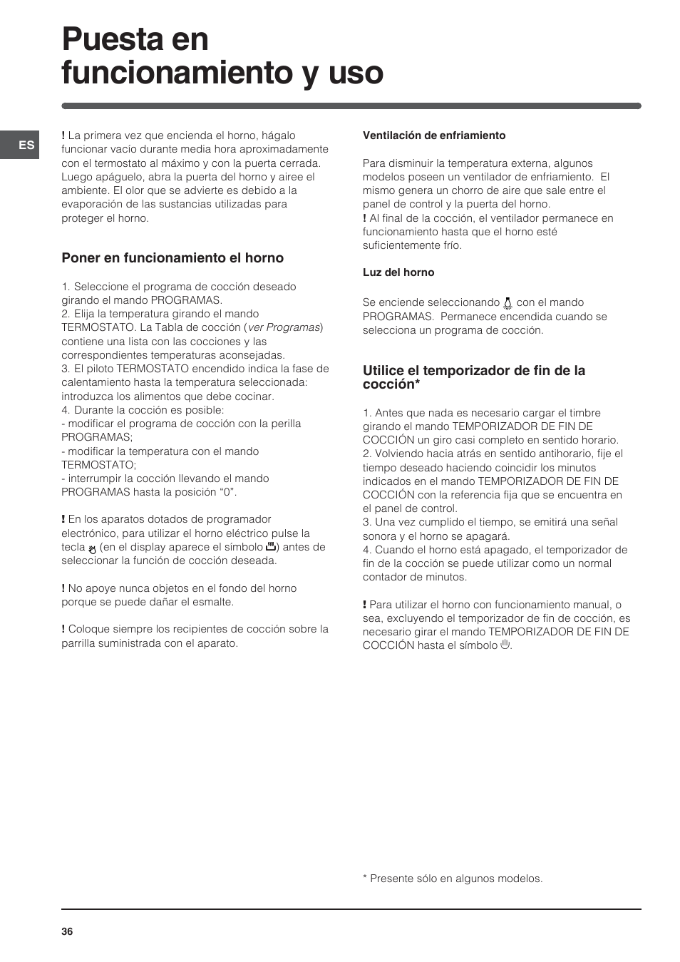 Puesta en funcionamiento y uso | Indesit FI-20.A-(WH)-1-(SP) User Manual | Page 36 / 72