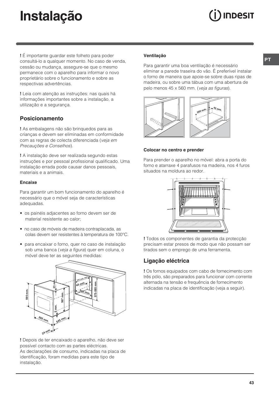 Instalação, Posicionamento, Ligação eléctrica | Indesit FI-20.A-(WH)-1-(SP) User Manual | Page 43 / 72