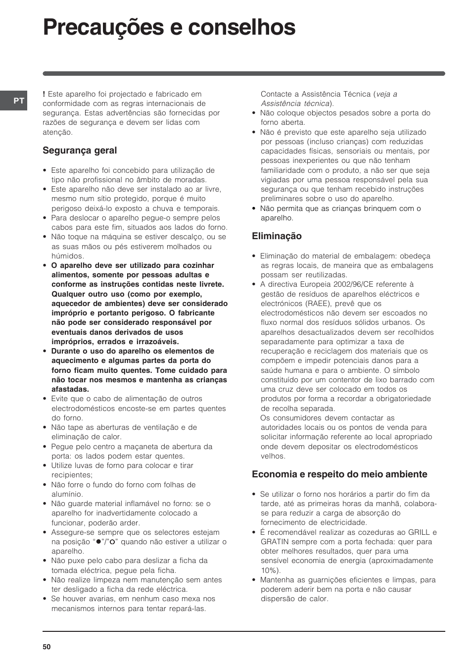 Precauções e conselhos, Segurança geral, Eliminação | Economia e respeito do meio ambiente | Indesit FI-20.A-(WH)-1-(SP) User Manual | Page 50 / 72