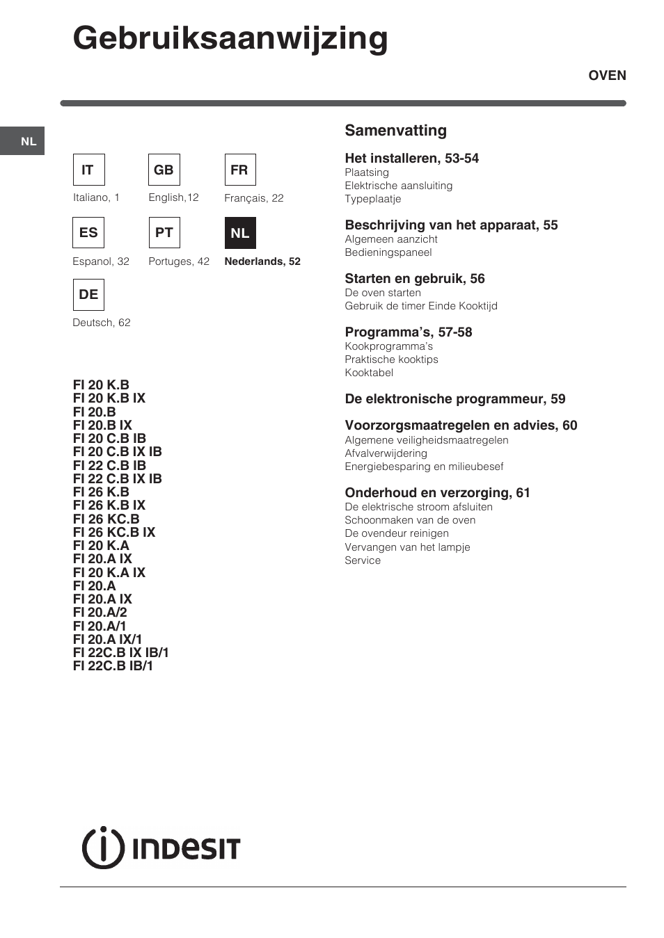 Gebruiksaanwijzing, Samenvatting | Indesit FI-20.A-(WH)-1-(SP) User Manual | Page 52 / 72