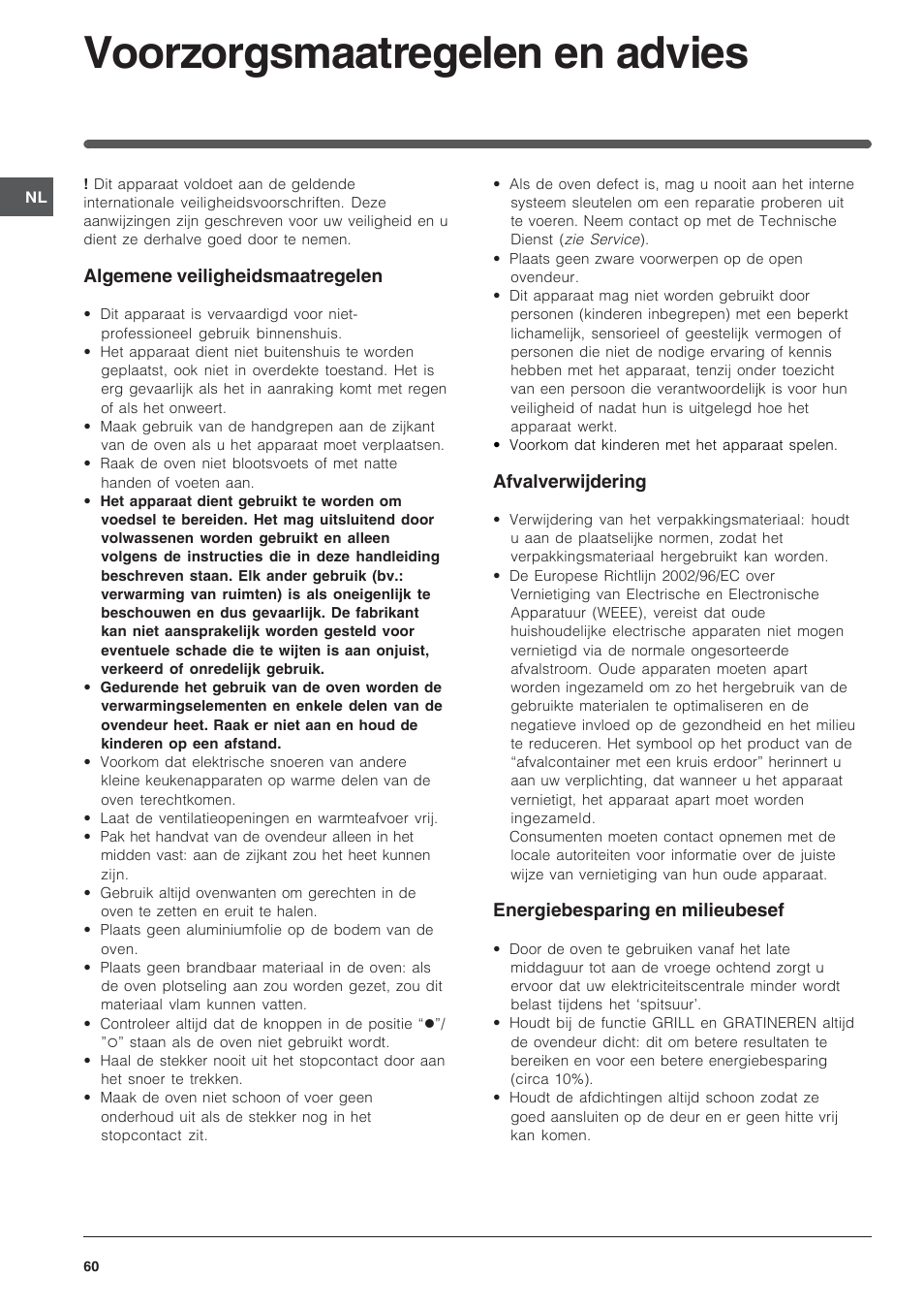 Voorzorgsmaatregelen en advies | Indesit FI-20.A-(WH)-1-(SP) User Manual | Page 60 / 72