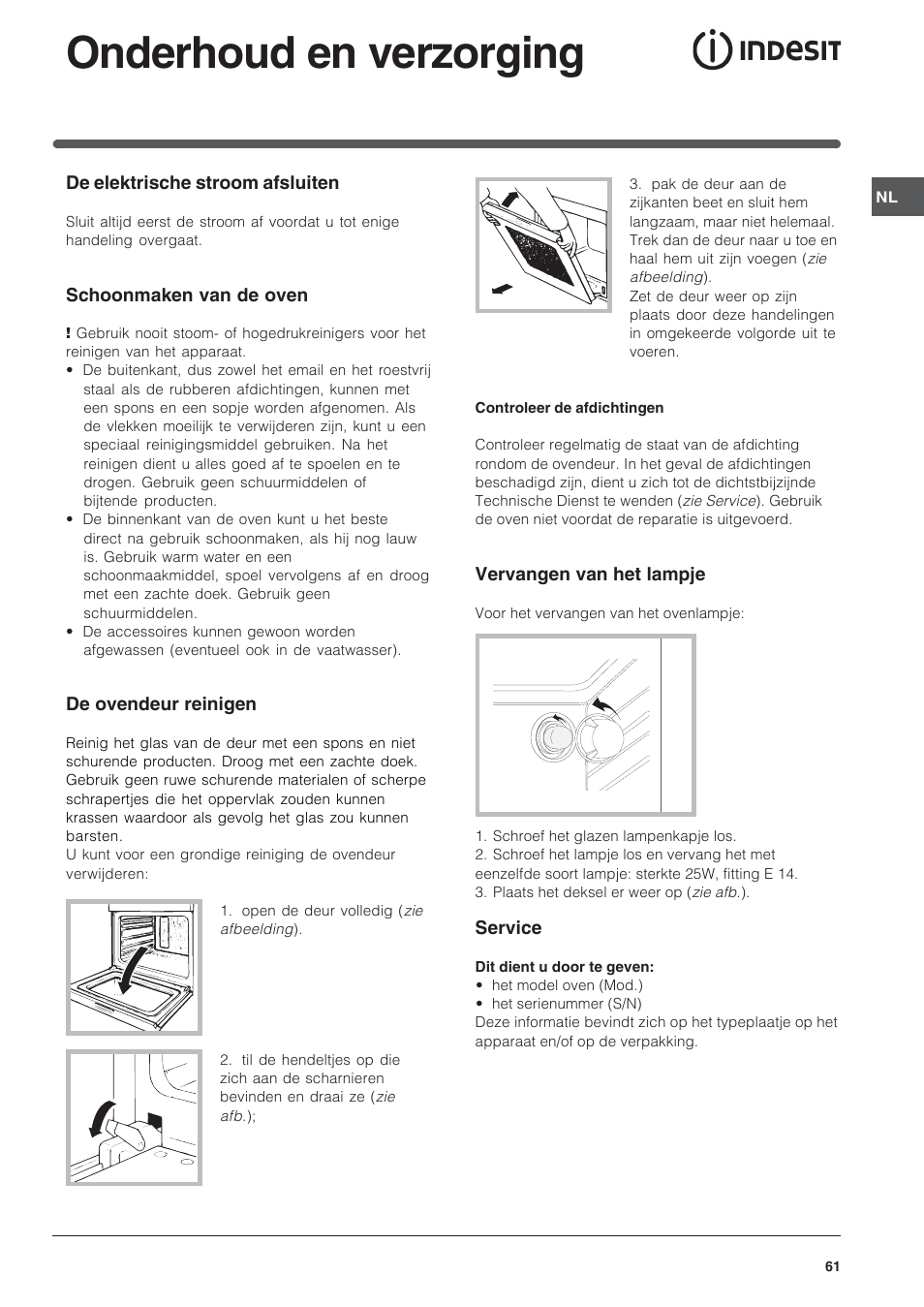 Onderhoud en verzorging | Indesit FI-20.A-(WH)-1-(SP) User Manual | Page 61 / 72