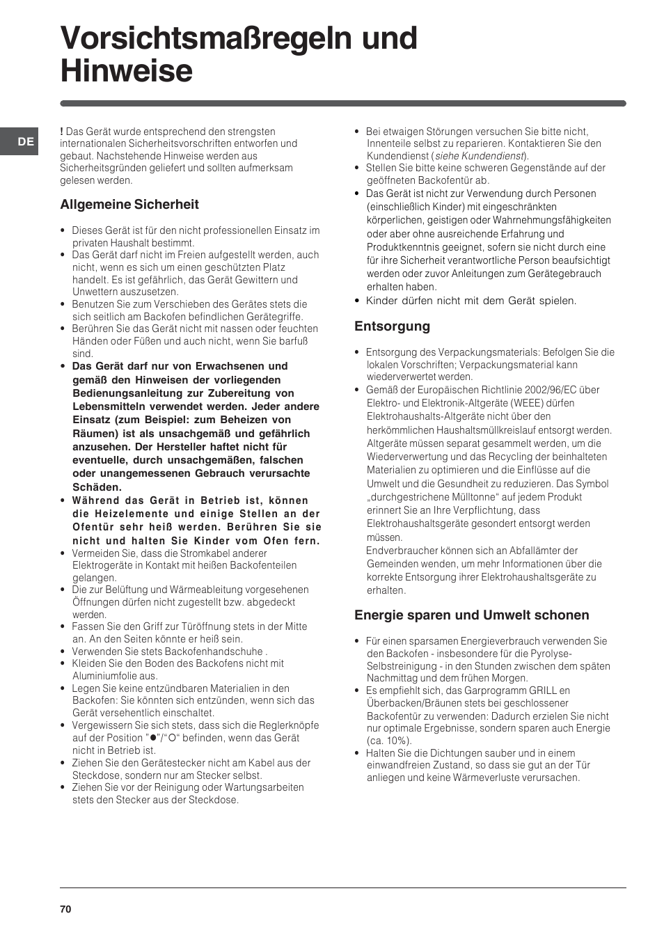 Vorsichtsmaßregeln und hinweise | Indesit FI-20.A-(WH)-1-(SP) User Manual | Page 70 / 72