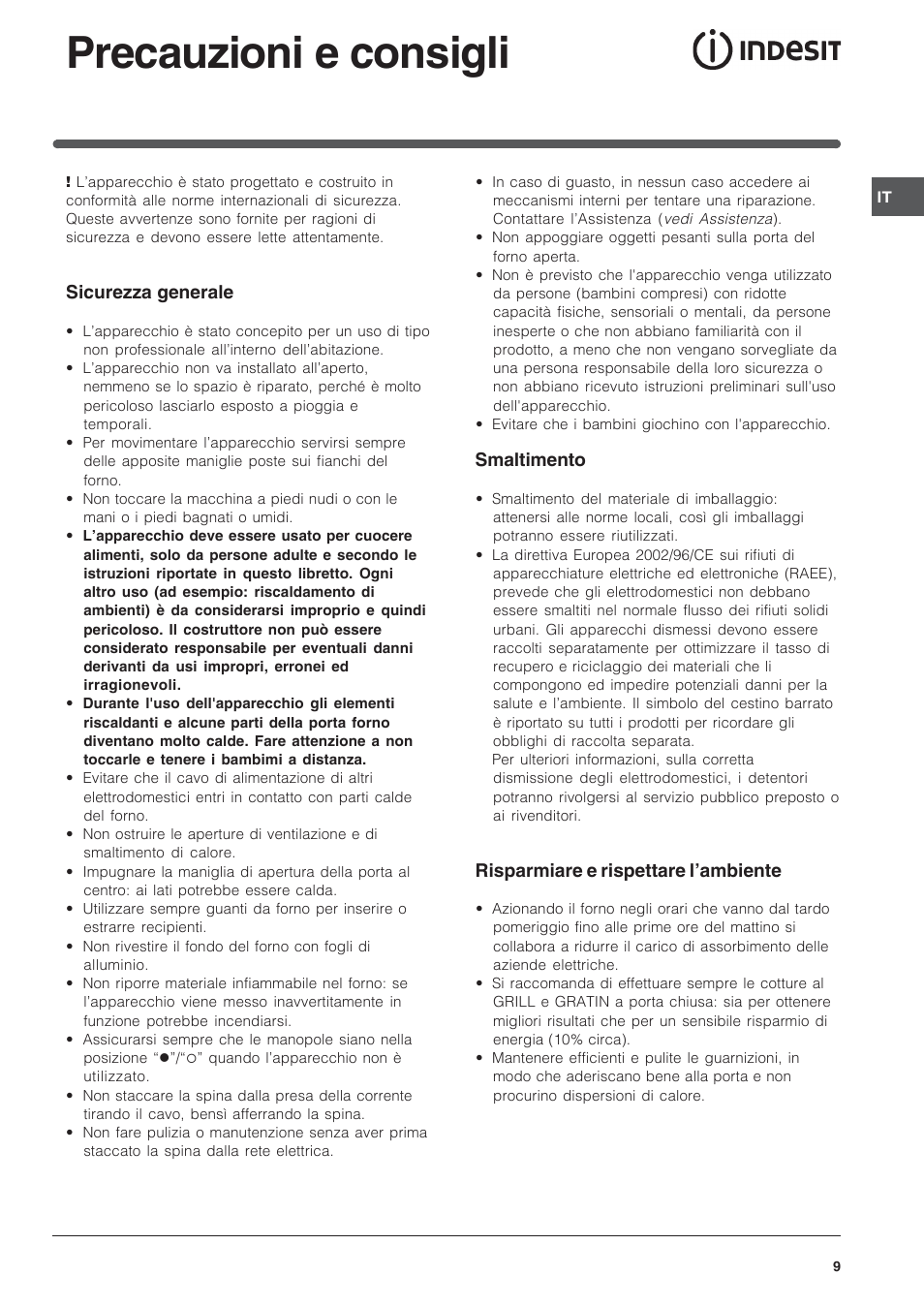 Precauzioni e consigli | Indesit FI-20.A-(WH)-1-(SP) User Manual | Page 9 / 72