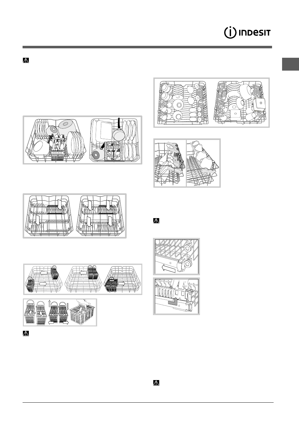 Charger les paniers, Panier inférieur et panier à couverts, Panier supérieur | Indesit DFP-2631M-EU User Manual | Page 17 / 84