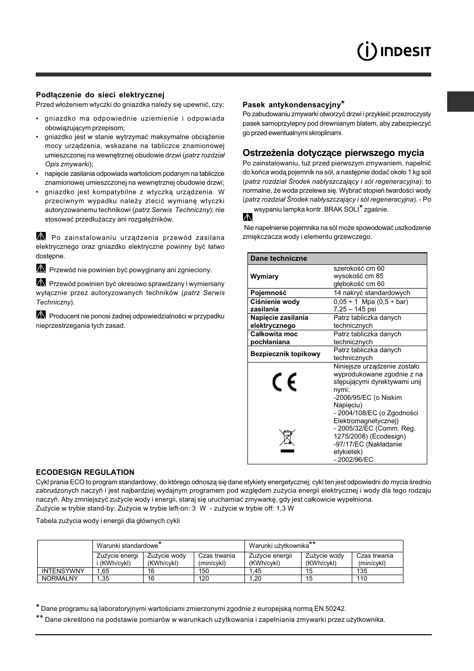 Ostrzeżenia dotyczące pierwszego mycia | Indesit DFP-2631M-EU User Manual | Page 63 / 84