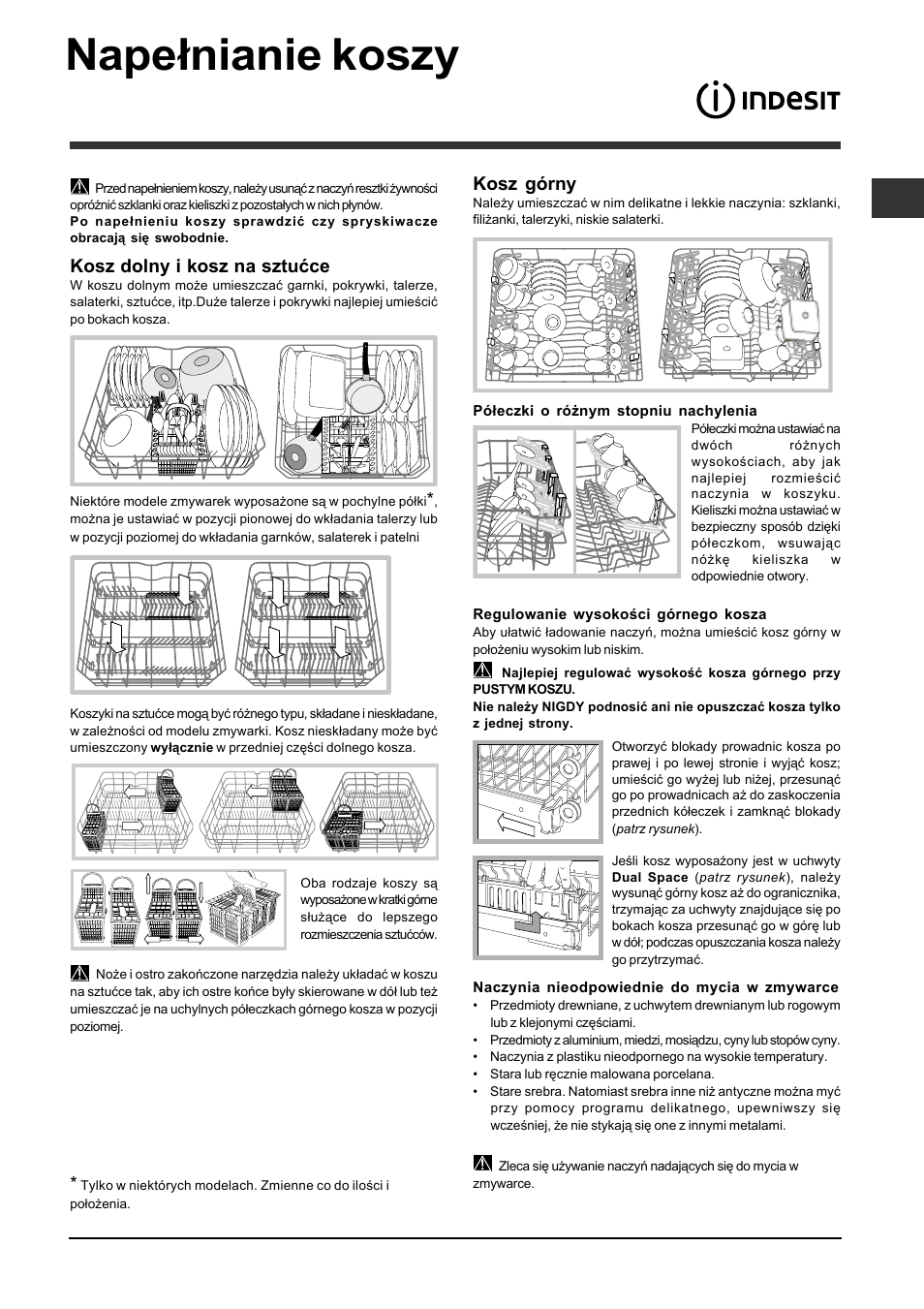Napełnianie koszy, Kosz dolny i kosz na sztućce, Kosz górny | Indesit DFP-2631M-EU User Manual | Page 65 / 84
